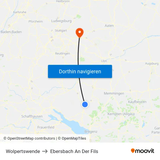 Wolpertswende to Ebersbach An Der Fils map