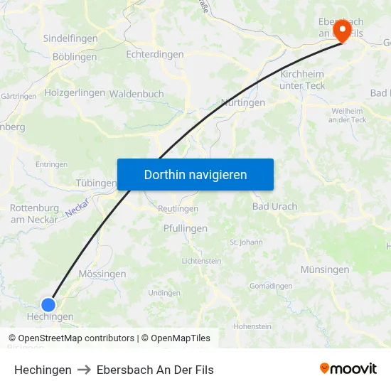 Hechingen to Ebersbach An Der Fils map
