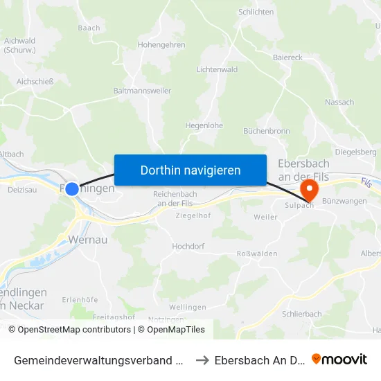 Gemeindeverwaltungsverband Plochingen to Ebersbach An Der Fils map
