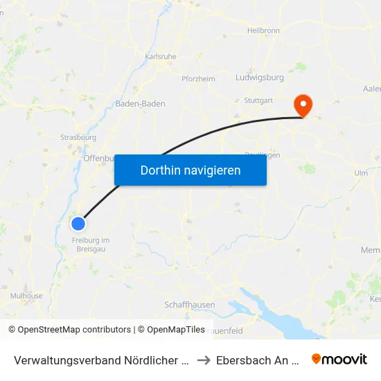 Verwaltungsverband Nördlicher Kaiserstuhl to Ebersbach An Der Fils map