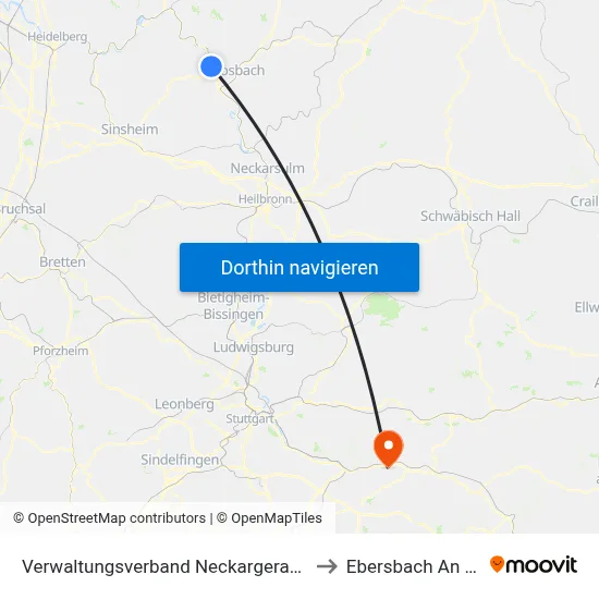 Verwaltungsverband Neckargerach-Waldbrunn to Ebersbach An Der Fils map