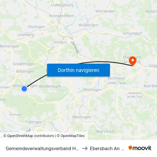 Gemeindeverwaltungsverband Holzgerlingen to Ebersbach An Der Fils map