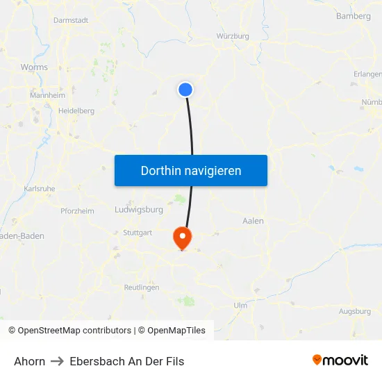 Ahorn to Ebersbach An Der Fils map