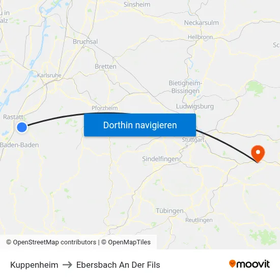 Kuppenheim to Ebersbach An Der Fils map