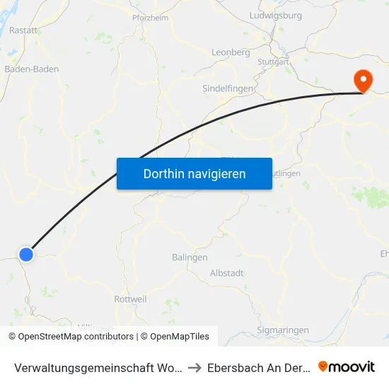 Verwaltungsgemeinschaft Wolfach to Ebersbach An Der Fils map