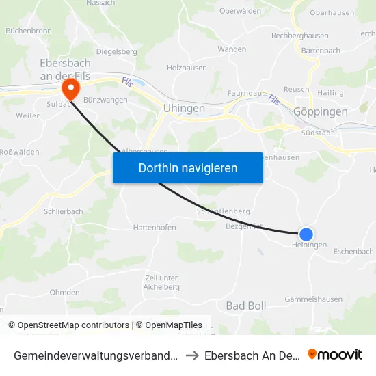 Gemeindeverwaltungsverband Voralb to Ebersbach An Der Fils map