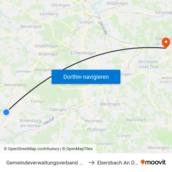Gemeindeverwaltungsverband Oberes Gäu to Ebersbach An Der Fils map