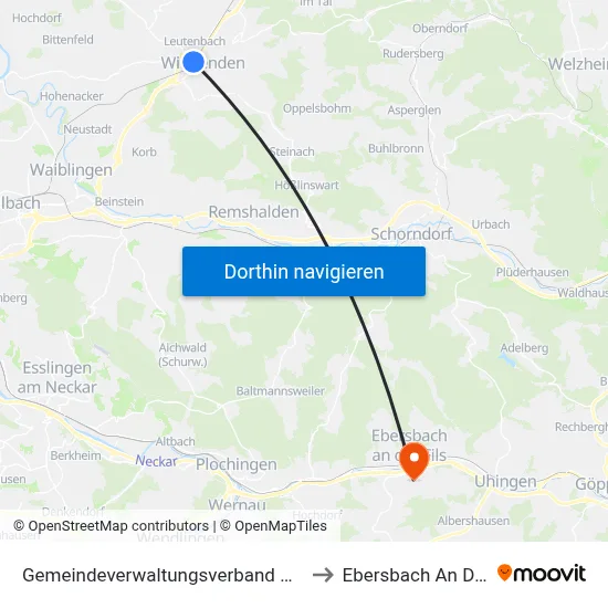 Gemeindeverwaltungsverband Winnenden to Ebersbach An Der Fils map