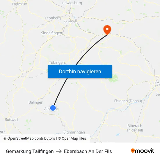 Gemarkung Tailfingen to Ebersbach An Der Fils map