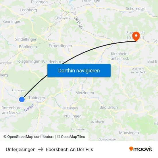 Unterjesingen to Ebersbach An Der Fils map