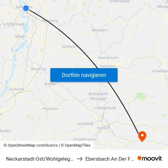 Neckarstadt-Ost/Wohlgelegen to Ebersbach An Der Fils map