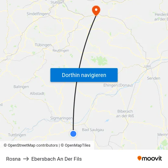 Rosna to Ebersbach An Der Fils map