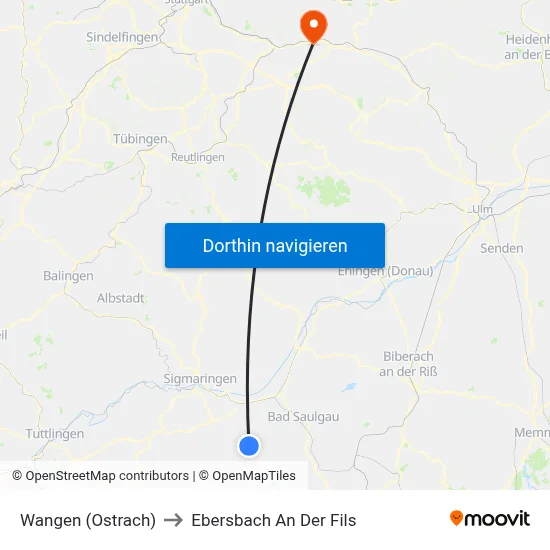 Wangen (Ostrach) to Ebersbach An Der Fils map