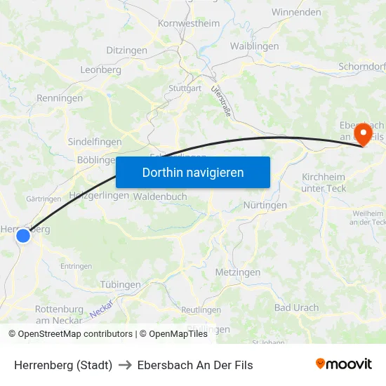 Herrenberg (Stadt) to Ebersbach An Der Fils map