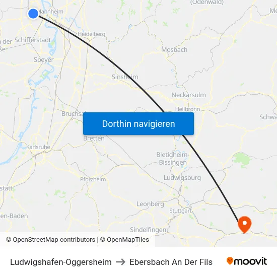 Ludwigshafen-Oggersheim to Ebersbach An Der Fils map
