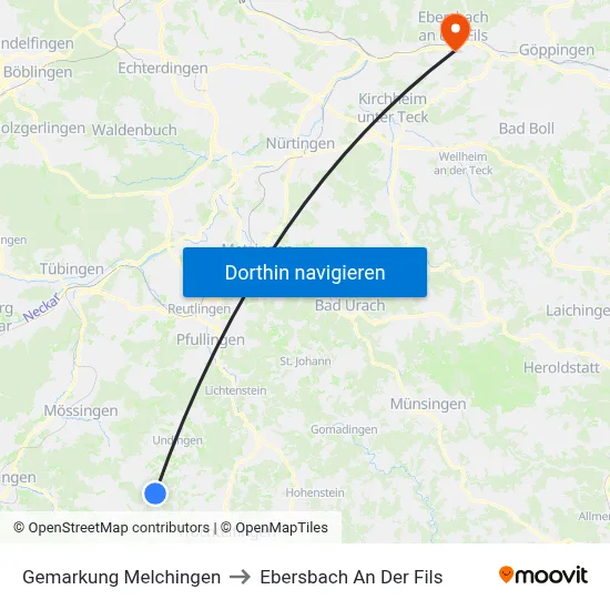 Gemarkung Melchingen to Ebersbach An Der Fils map