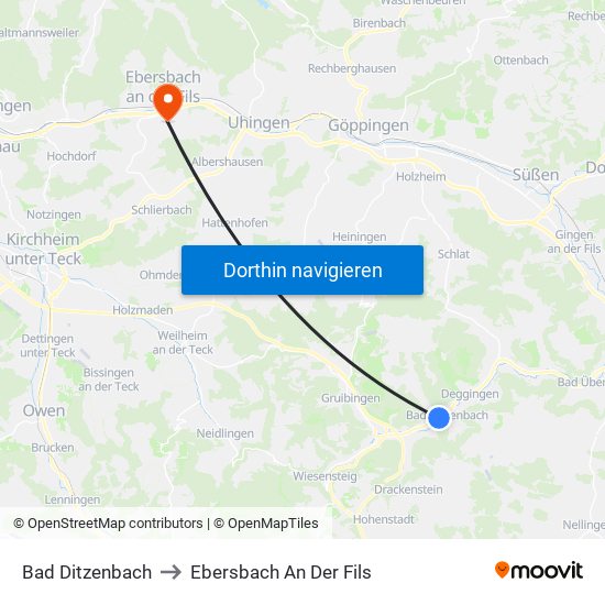 Bad Ditzenbach to Ebersbach An Der Fils map