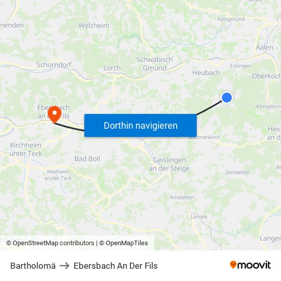 Bartholomä to Ebersbach An Der Fils map