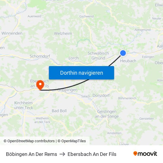 Böbingen An Der Rems to Ebersbach An Der Fils map