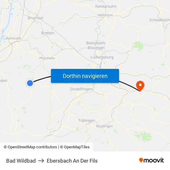 Bad Wildbad to Ebersbach An Der Fils map