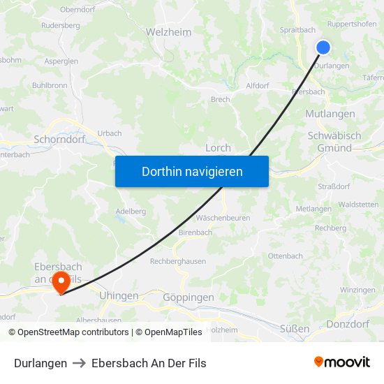 Durlangen to Ebersbach An Der Fils map