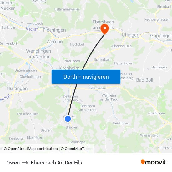 Owen to Ebersbach An Der Fils map