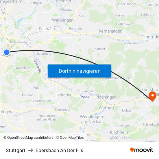 Stuttgart to Ebersbach An Der Fils map