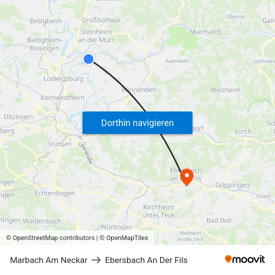Marbach Am Neckar to Ebersbach An Der Fils map