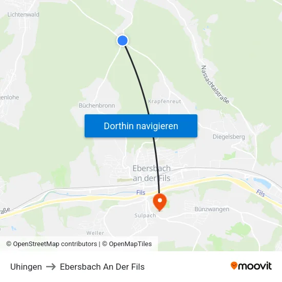 Uhingen to Ebersbach An Der Fils map