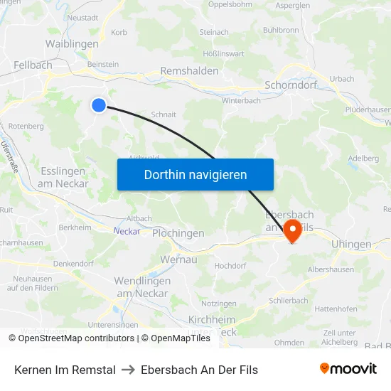 Kernen Im Remstal to Ebersbach An Der Fils map