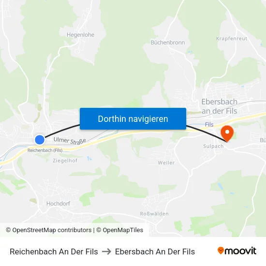 Reichenbach An Der Fils to Ebersbach An Der Fils map