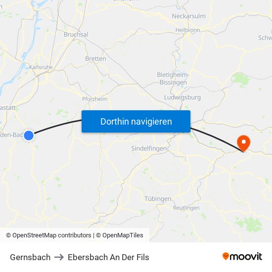 Gernsbach to Ebersbach An Der Fils map