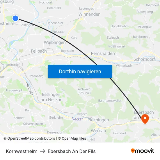 Kornwestheim to Ebersbach An Der Fils map