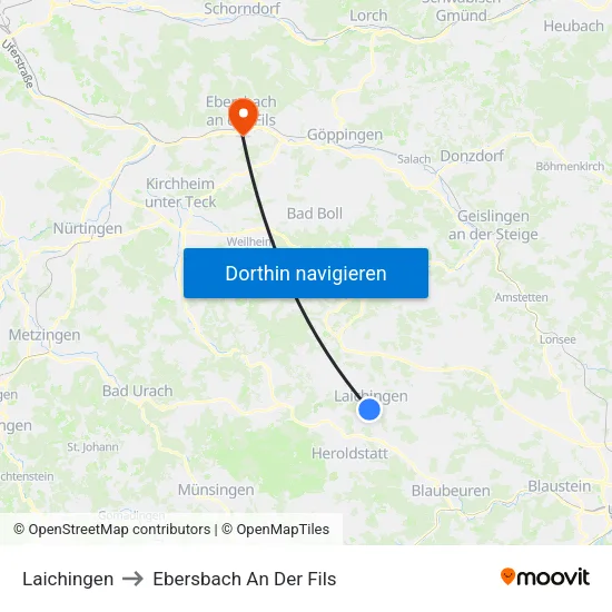 Laichingen to Ebersbach An Der Fils map