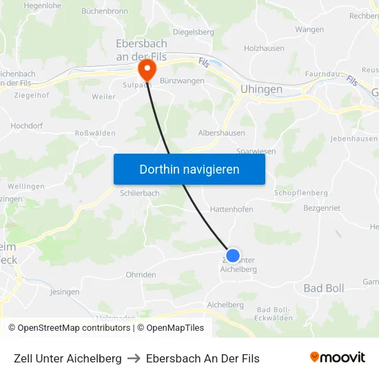 Zell Unter Aichelberg to Ebersbach An Der Fils map