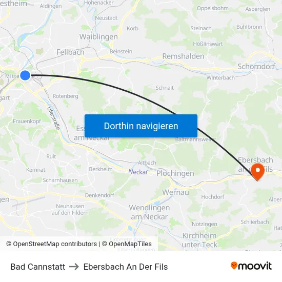 Bad Cannstatt to Ebersbach An Der Fils map