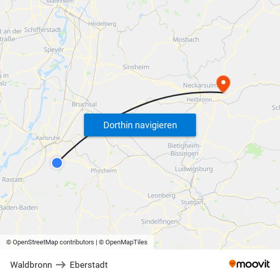 Waldbronn to Eberstadt map