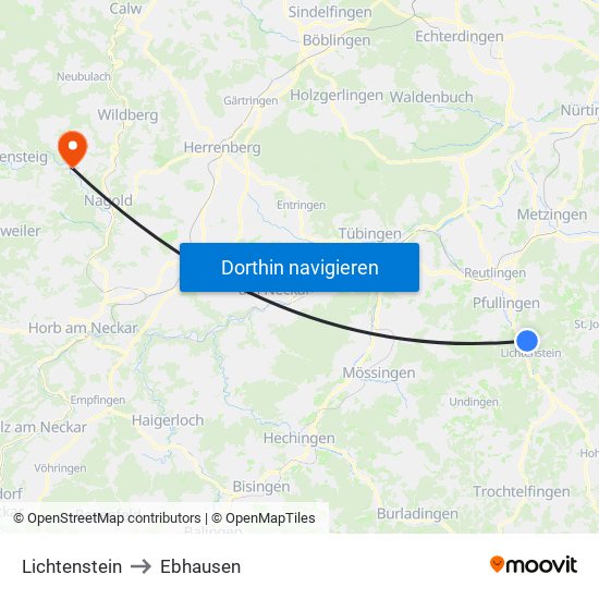 Lichtenstein to Ebhausen map