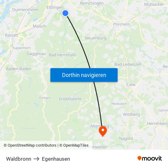 Waldbronn to Egenhausen map