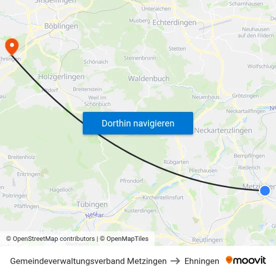 Gemeindeverwaltungsverband Metzingen to Ehningen map