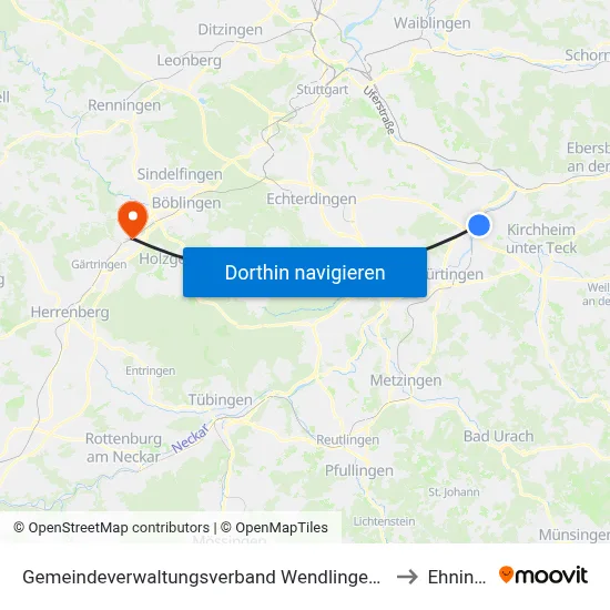Gemeindeverwaltungsverband Wendlingen am Neckar to Ehningen map