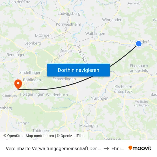 Vereinbarte Verwaltungsgemeinschaft Der Stadt Schorndorf to Ehningen map