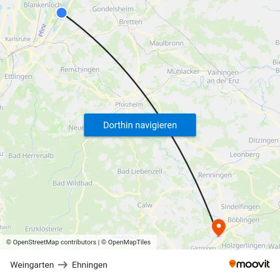 Weingarten to Ehningen map