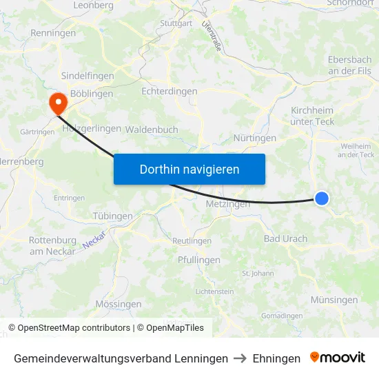 Gemeindeverwaltungsverband Lenningen to Ehningen map