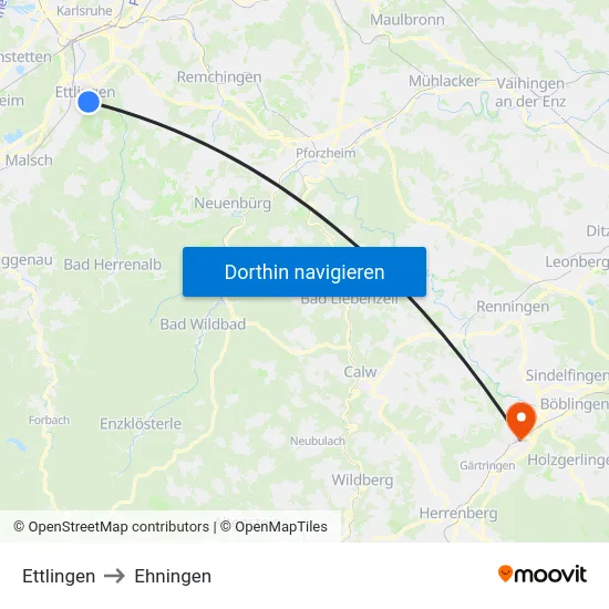 Ettlingen to Ehningen map