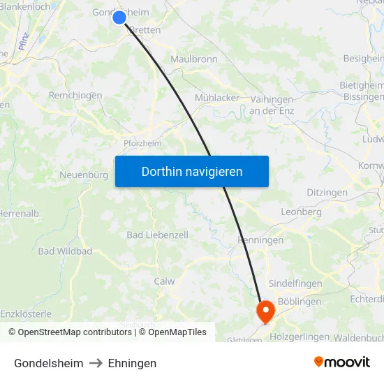 Gondelsheim to Ehningen map
