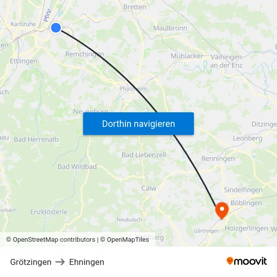 Grötzingen to Ehningen map