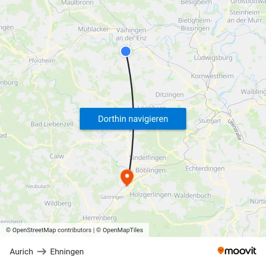 Aurich to Ehningen map