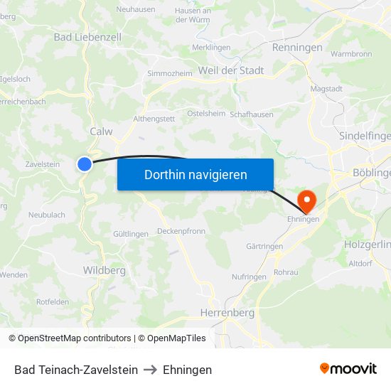 Bad Teinach-Zavelstein to Ehningen map