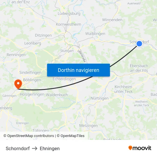 Schorndorf to Ehningen map